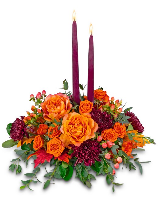 Candlelit Persimmon Centerpiece from Baker Florist in Dover, OH