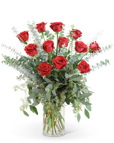 Red Roses with Eucalyptus Foliage (12) from Baker Florist in Dover, OH